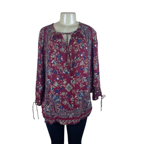Lucky Brand Women's Maroon Floral Boho Peasant Long Sleeve Top Sz XL - Picture 1 of 8
